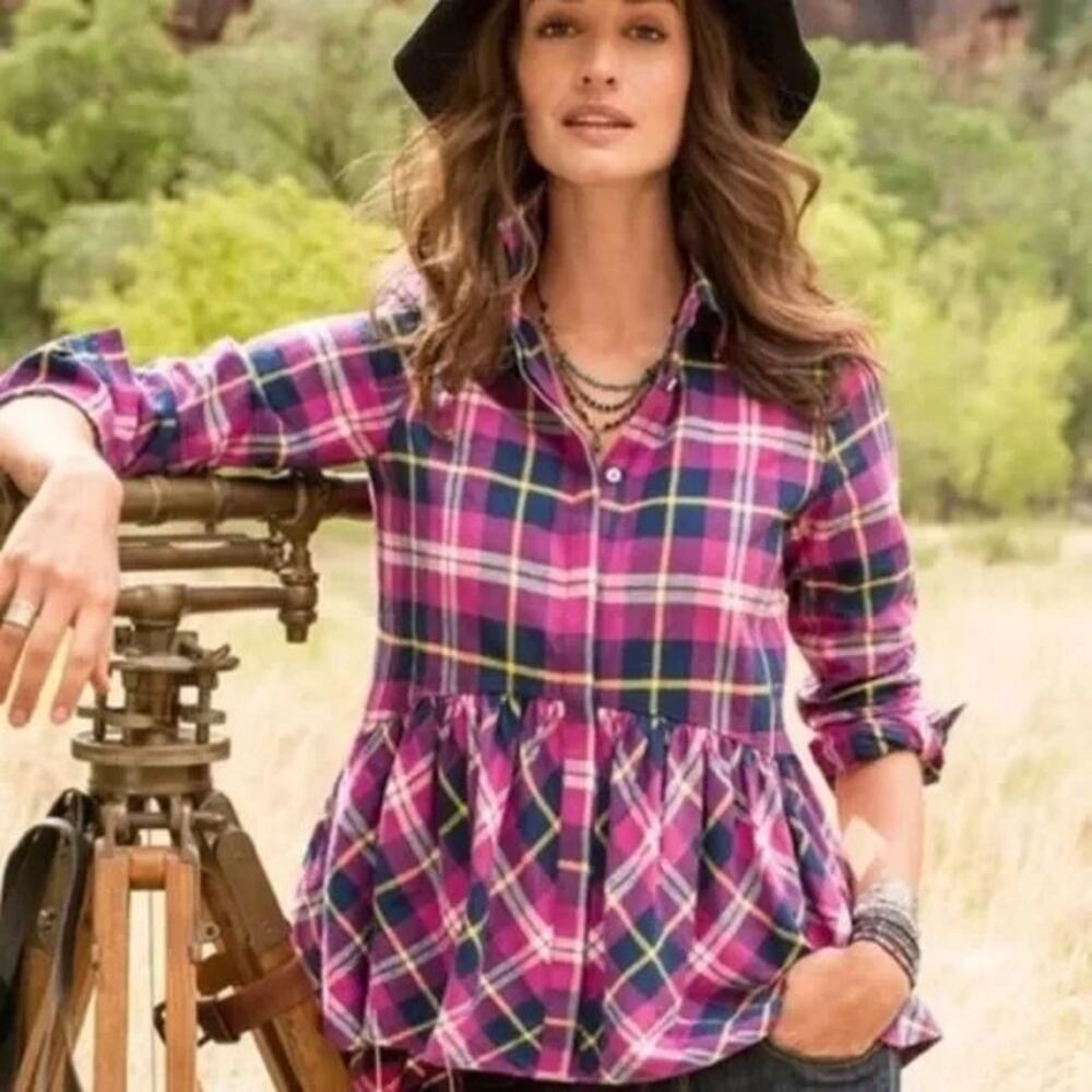 Sundance Pink Plaid Button-Down Peplum Shirt